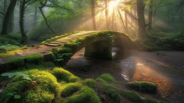 Moss covered wooden bridge path in a tranquil forest
