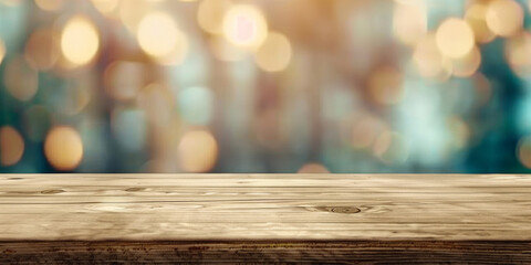 empty wooden table with blurred background in restaurant, 