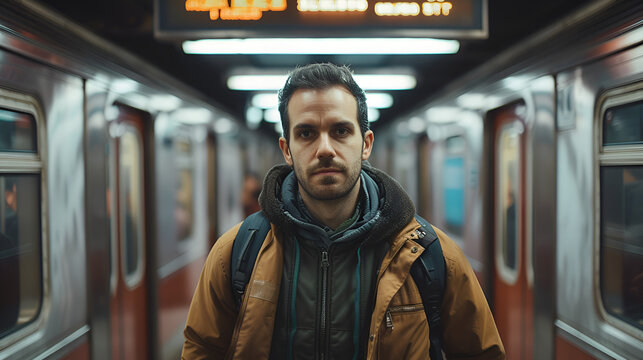 Handsome Man with Backpack Standing in Front of Train Station, Traveler Waiting for Train Departure, Urban Lifestyle Scene, Backpacker Adventure Concept, Generative AI

