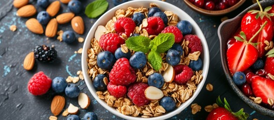 Delicious bowl of crunchy granolaes topped with fresh berries and almonds for a healthy breakfast option