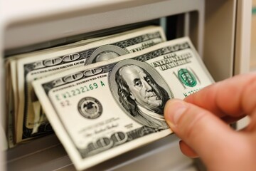 Close-up of cash withdrawal in dollars from an ATM - obrazy, fototapety, plakaty