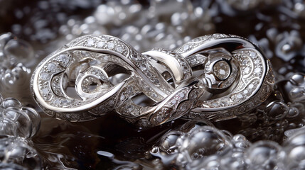 A custom-designed platinum brooch, intricately shaped as intertwined initials, shining on a radiant...