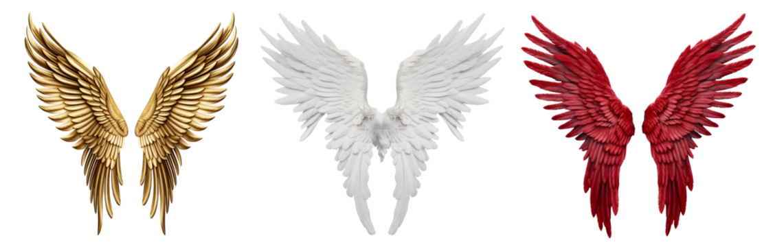 Set of white gold red, angel devil wings on transparent background cutout, PNG file. Mockup template for artwork graphic design - Powered by Adobe