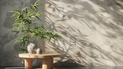 Wooden round side table with green bamboo plant leaves with beautiful sun light and shadow on plaster wall.