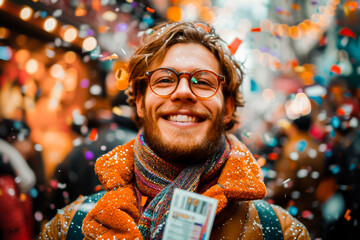 A joyful young man with glasses smiling amid a festive background of colorful confetti and evening lights. - obrazy, fototapety, plakaty