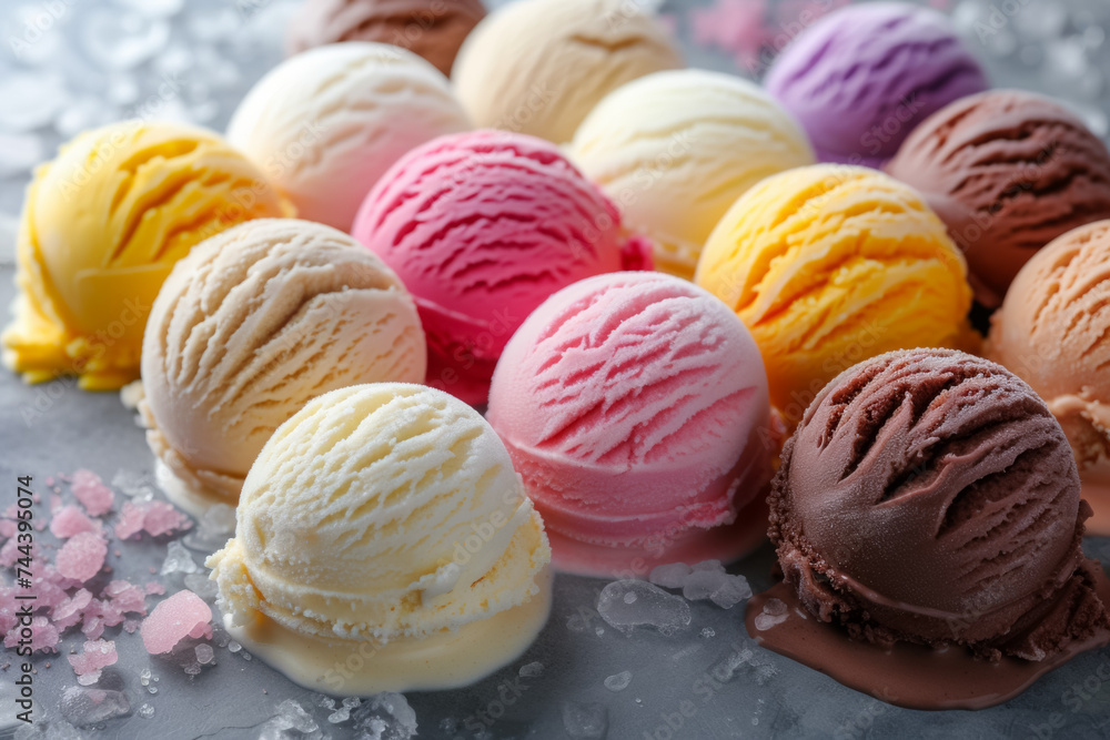 Poster a set of scoops of different ice creams. background with selective focus and copy space