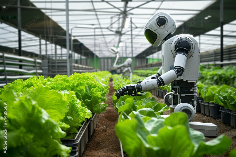 Aufkleber modern greenhouse with robots. background with selective focus and copy space