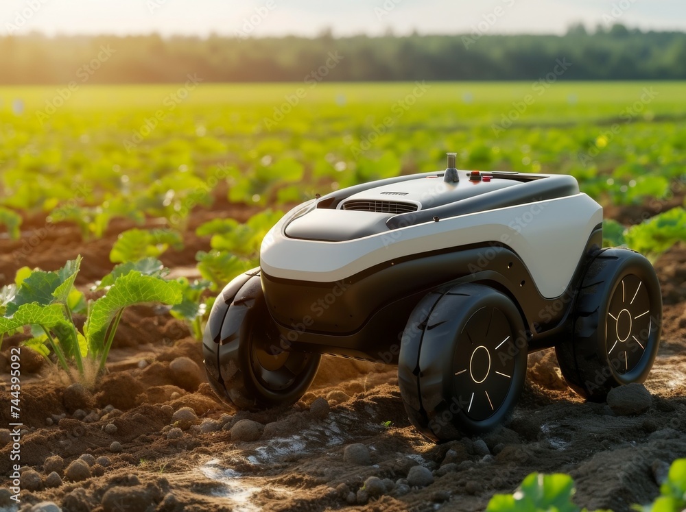 Poster modern farm with robots. background with selective focus and copy space