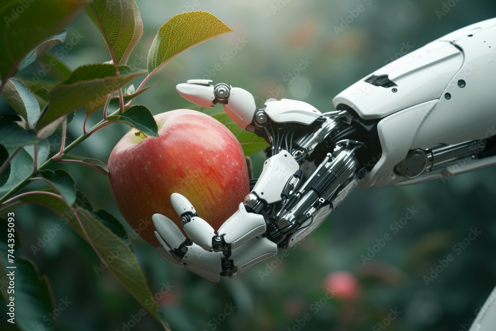 Aufkleber a robot hand works on a modern farm. background with selective focus and copy space
