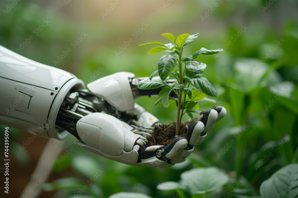 Poster a robot hand works on a modern farm. background with selective focus and copy space