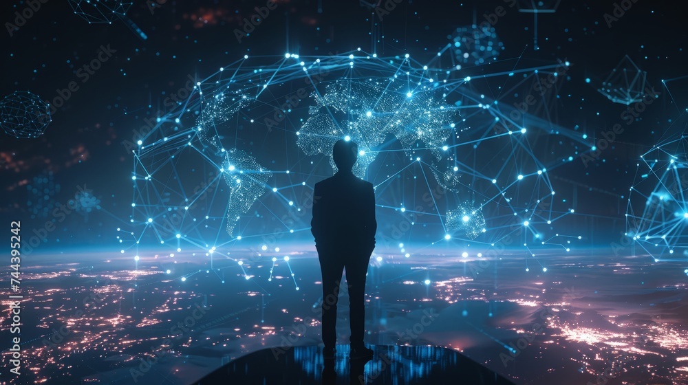 Aufkleber businessman touching global network and data exchanges over the world rendering
