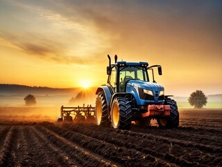 Fototapeta premium A modern tractor plows a field at dawn. Agricultural machinery in the field