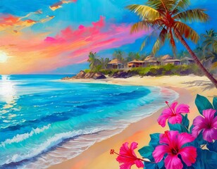 Fototapeta na wymiar Sunset Serenity: Cerulean Blue and Hibiscus Pink Dance Across a Coastal Haven