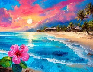 Sunset Serenity: Cerulean Blue and Hibiscus Pink Dance Across a Coastal Haven"