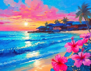 Fototapeta na wymiar Sunset Serenity: Cerulean Blue and Hibiscus Pink Dance Across a Coastal Haven