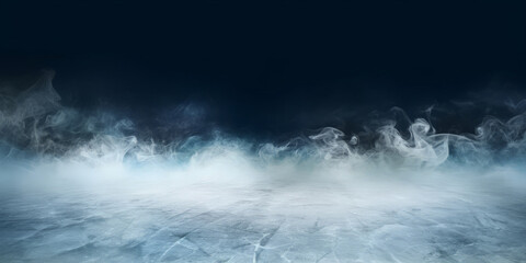 abstract frozen Hockey ice rink with smoke on dark background, studio room with smoke, empty ice room on dark blue background, banner poster design,empty dark scene, neon light, spotlights,