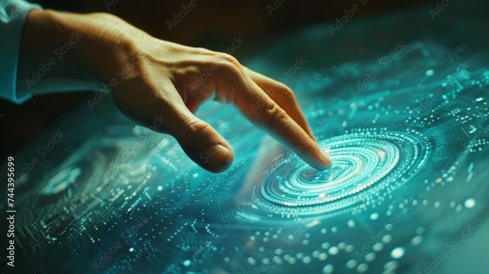 Poster hand pushing a button on a touch screen interface