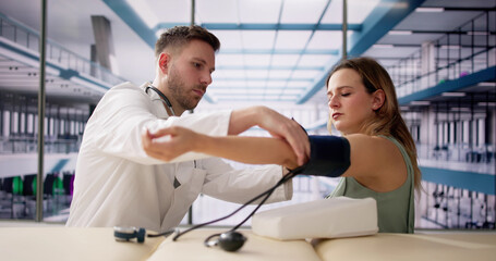Male Doctor Checking Pregnant Woman Blood Pressure
