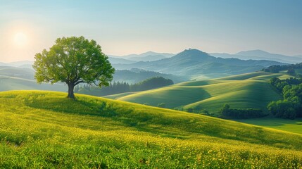 Splendid summer landscape of a rolling countryside on a sunny day. Bright rolling countryside around a farm in the morning light.