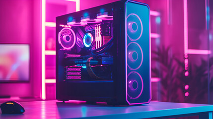 gaming Pc computers on white background, beautiful rgb lights of different color and a glass case on the table in the dark, modern case for gaming PC on white background, Generative Ai - obrazy, fototapety, plakaty