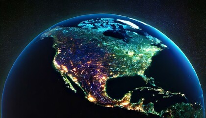 America at night viewed from space with city lights showing activity in United States. 3d render of planet Earth. Elements from NASA. Technology, global communication, world. USA