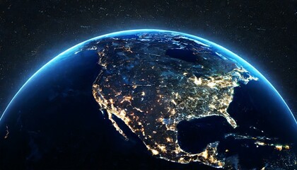 Fototapeta na wymiar America at night viewed from space with city lights showing activity in United States. 3d render of planet Earth. Elements from NASA. Technology, global communication, world. USA