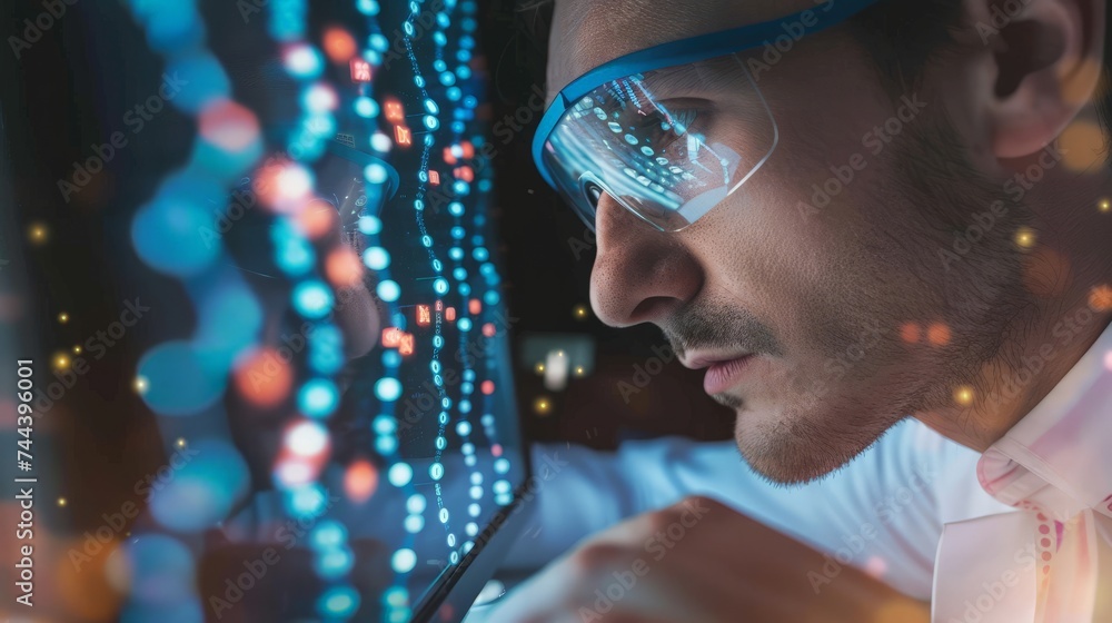 Poster scientist wearing protective eyeglasses analyzing dna data on computer in laboratory