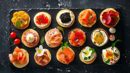 Selection of cocktail blinis with salmon, cured bresaola, crayfish, caviar, quail eggs and sour cream - gourmet party food - top view - obrazy, fototapety, plakaty