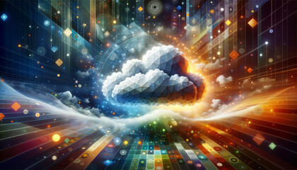 Hybrid Cloud: Photorealistic Central Cloud with Vibrant Geometric Shapes and Serene Patterns - obrazy, fototapety, plakaty