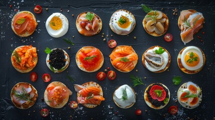 Selection of cocktail blinis with salmon, cured bresaola, crayfish, caviar, quail eggs and sour cream - gourmet party food - top view