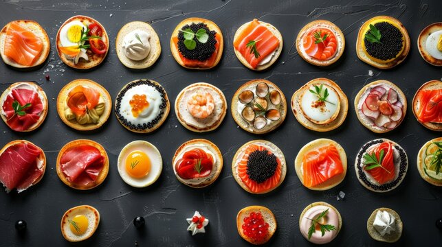 Selection of cocktail blinis with salmon, cured bresaola, crayfish, caviar, quail eggs and sour cream - gourmet party food - top view
