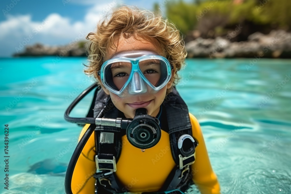 Poster child at diving lessons. background with selective focus and copy space