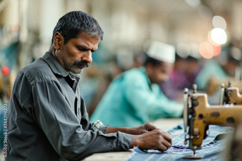 Poster workers at a textile factory. background with selective focus and copy space