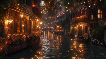 Unveil the charm of a Venetian canal-side cafe, where gondolas glide by and the city lights reflect on the water a?" a romantic and luxurious Valentine's setting.