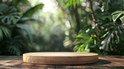 Wooden product display podium with blurred nature leaves background. rendering