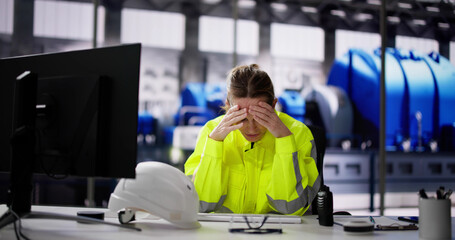 Fototapeta na wymiar Unhappy Tired Woman Working In Power Plant Electricity