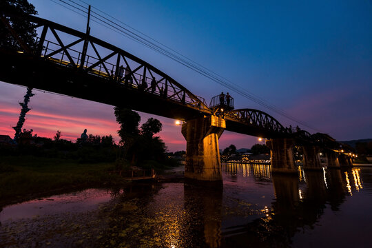 River Kwai bridge with twilight sky, Kanchanaburi, Thailand
