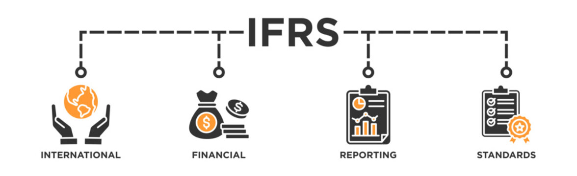 IFRS banner web icon illustration concept for international financial reporting standards with icon of global, network, money, documents, books, and writing