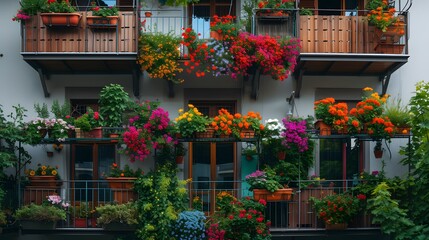 Fototapeta na wymiar balconies with floral ornaments on them, in the style of colorful mindscapes