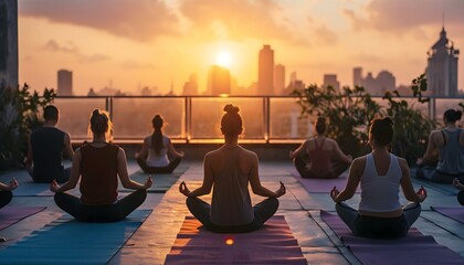 a group of people doing yoga on a rooftop