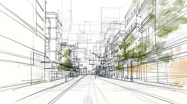An artistic conceptual sketch illustrating the development of an urban cityscape, featuring a street lined with buildings, representing architectural planning and urban growth.