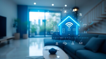 smart house with an icon on a couch, in the style of blurred