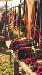 a wooden bench topped with lots of colorful scarves