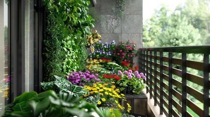 Fototapeta na wymiar Blooming Flowers In Green Balcony Garden 
