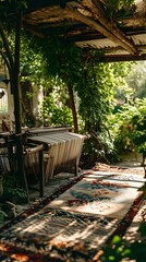 Obraz premium an outdoor area with a rug and chairs