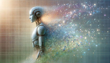 Digital Transformation: Serene disintegration of advanced humanoid robot into pixelated particles