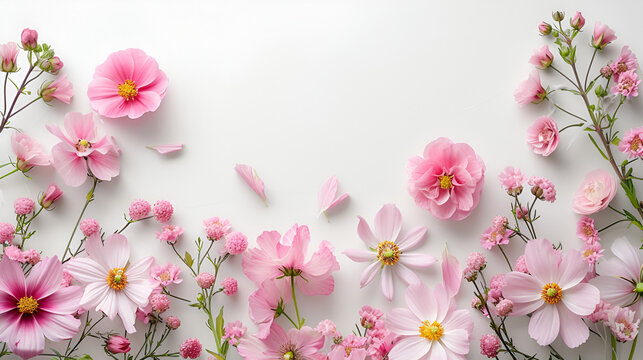 Flowers Composition: Pink Flowers on White Background, Floral Arrangement for Decoration, Spring Blossoms Aesthetics, Botanical Artwork, Nature Inspired Design, Generative AI


