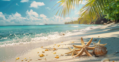 Fototapeta na wymiar Vacation Beach Concept With Palm Tree Leaves, Starfish, And Waves With Copy Space