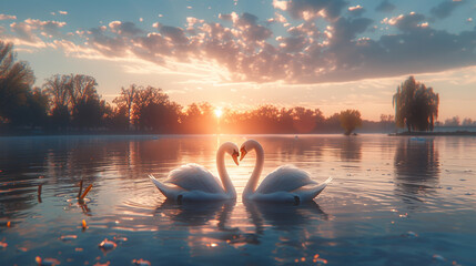 A serene lakeside scene with swans gracefully forming a heart shape, embodying elegance and romance.
