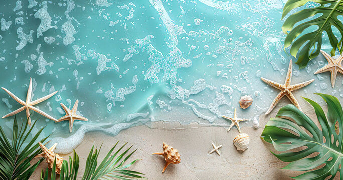 Vacation Beach Concept With Green Leaves, Starfish, Seashells And Waves With Copy Space